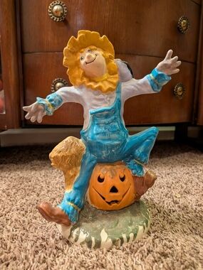 Vintage Ceramic Scarecrow Figurine - Blue and Yellow